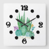 水彩、サボテン、多肉類 スクエア壁時計 (正面)