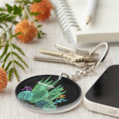 水彩、サボテン、花の大きな時計 キーホルダー (正面右)