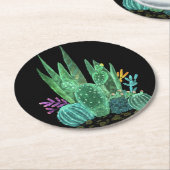 水彩、サボテン、花の大きな時計 ラウンドペーパーコースター (アングル)