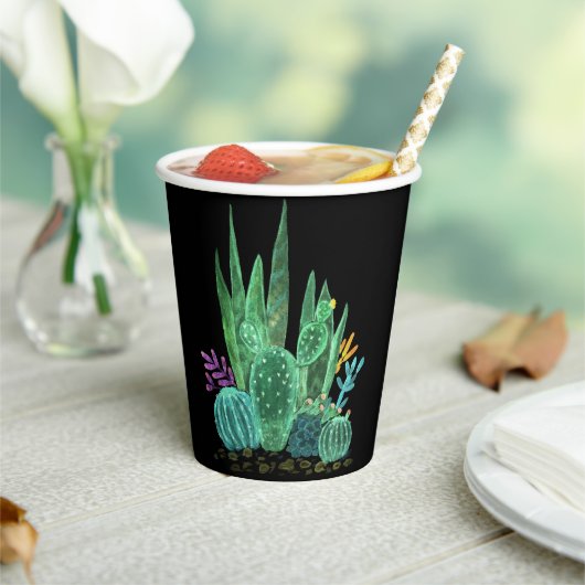 水彩、サボテン、花の大きな時計 紙コップ (インサイチュ)
