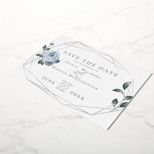 水彩 ダスティーブルー 花 箔招待状 (回転した状態)