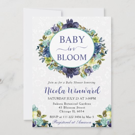 水彩 ネイビーとブルーの花輪 ベビーシャワー 招待状 (正面)