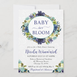 水彩 ネイビーとブルーの花輪 ベビーシャワー 招待状