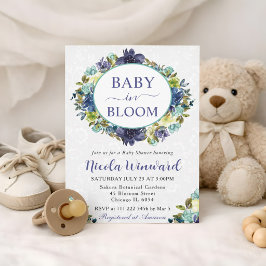 水彩 ネイビーとブルーの花輪 ベビーシャワー 招待状