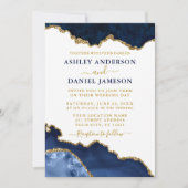 水彩 ネイビーブルー ゴールド マーブル ジオード 結婚式 招待状 (正面)