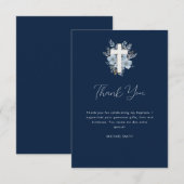 水彩 ネイビーブルー 花柄 十字 感謝カード 招待状 (正面/裏面)