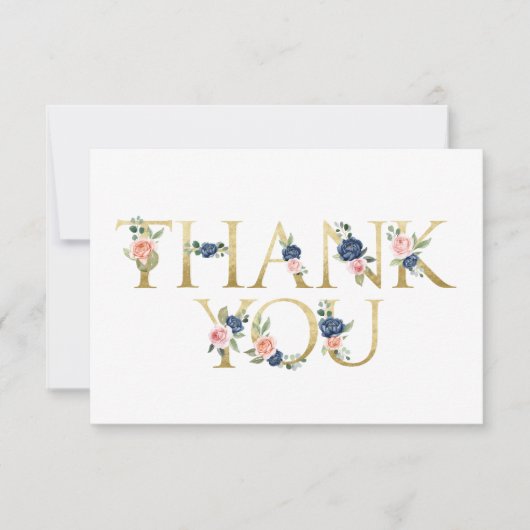 水彩 ネイビー＆コーラル フラワーの感謝カード サンキューカード (正面)