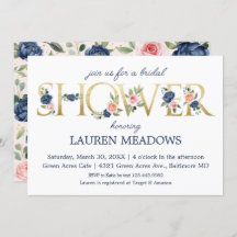 水彩 ネイビー＆コーラル フラワーブライダルシャワー