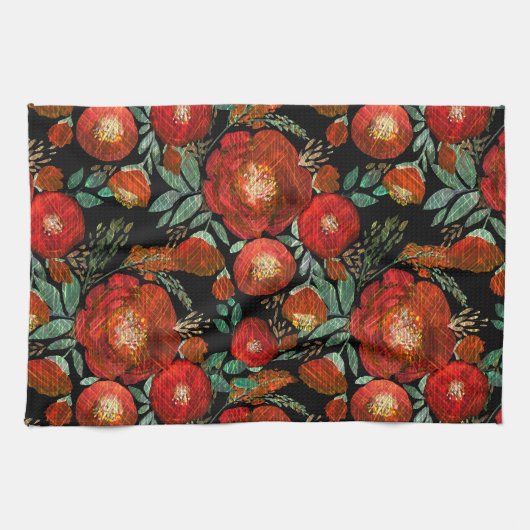 水彩、バラ。 キッチンタオル (横)