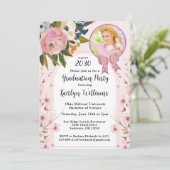 水彩 ピンクの蝶結び 花のフォトアーチ 卒業式 招待状 (スタンド正面)