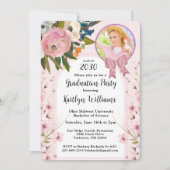 水彩 ピンクの蝶結び 花のフォトアーチ 卒業式 招待状 (正面)