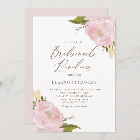水彩 フラッシュ ピンク 牡丹 花嫁の友人たちとのランチ会 招待状 (正面/裏面)
