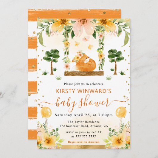 水彩 フラワーフォックス ベイビーシャワー 招待状 (正面/裏面)