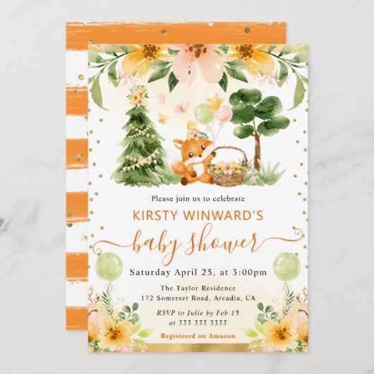 水彩 フラワー キツネ ベイビー シャワー 招待状 (正面/裏面)