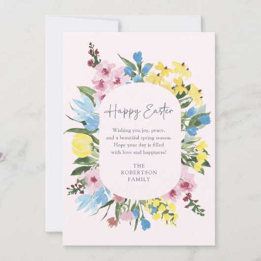 水彩、フローラフレームハッピーイースター、ピンクカード 招待状 (正面)