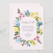 水彩、フローラフレームハッピーイースター、ピンクカード 招待状 (正面/裏面)