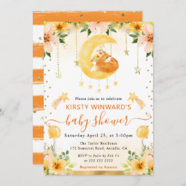 水彩 フワモチ花のキツネが月と一緒におむつ歓迎パーティー 招待状