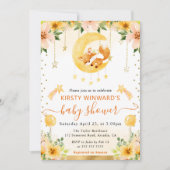 水彩 フワモチ フローラル きつね 月 赤ちゃん シャワー 招待状 (正面)