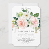 水彩 ブラッシュ アイボリー フローラル ディープ アクア ウェディング 招待状 (正面)