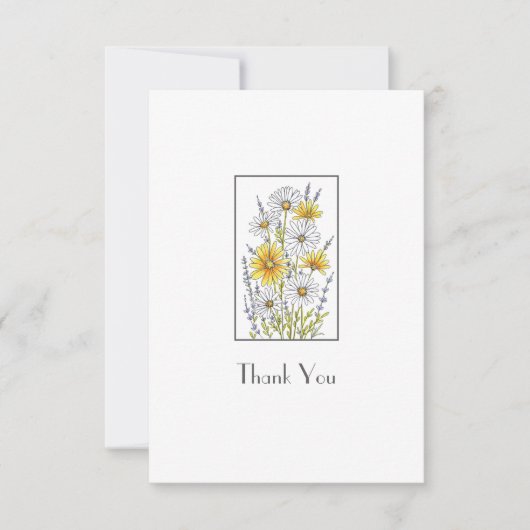 水彩、ペンとインクデイジーフローラブーケ サンキューカード (正面)