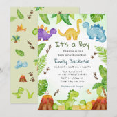 水彩 ボヘミアンチックな恐竜とグリーンの男の子ベイビー 招待状 (正面/裏面)