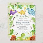 水彩 ボヘミアンチック 可愛い 恐竜 緑の植物 男の子 赤ちゃん 招待状 (正面/裏面)