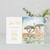 水彩 ママと赤ちゃんのアフリカの動物パーティー ゴールド 箔招待状 (立ち正面)