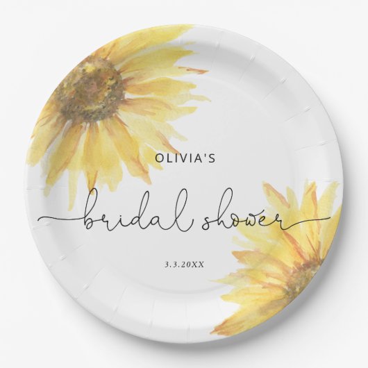 水彩 ミニマリストひまわり ブライダルシャワー ペーパープレート (正面)