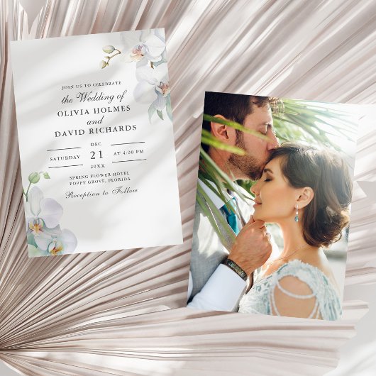 水彩 ミニマリスト 白い蘭の写真 ウェディング 招待状