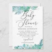 水彩 ミント フローラル 多肉植物 ベビーシャワー 招待状 (正面)