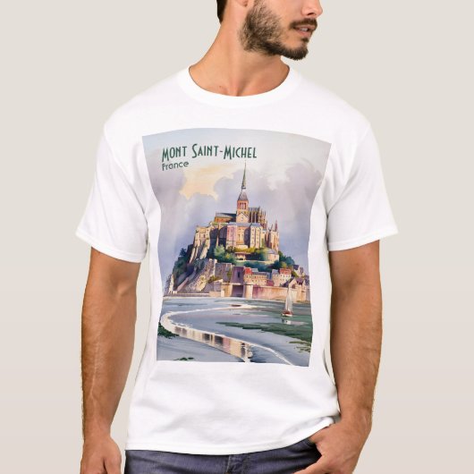 水彩 モン・サン・ミシェル フランス ヴィンテージ 旅行 Tシャツ (正面)