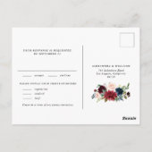 水彩 ワインレッドとブルーの花の結婚式 出席確認 ポストカード (裏面)