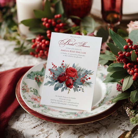 水彩 ワインレッド & 桜色のバラ ブライダルシャワー 招待状