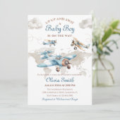 水彩 ヴィンテージ飛行機 トラベル 男の子 ベビーシャワー 招待状 (スタンド正面)