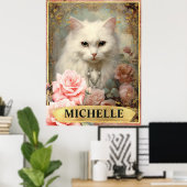 水彩 ヴィンテージ 白猫とピンクのバラ ポスター (ホームオフィス)