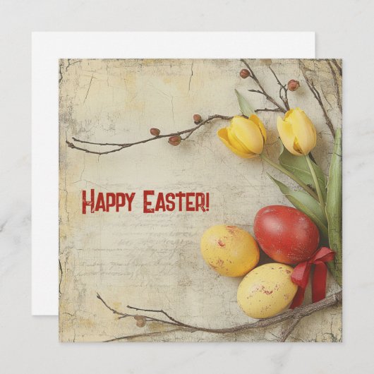 水彩 ヴィンテージ 赤と黄色のイースターエッグ シーズンカード (正面/裏面)