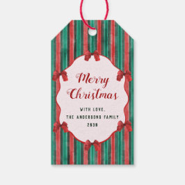 水彩 手描き 赤いリボン ストライプ クリスマス ギフトタグ