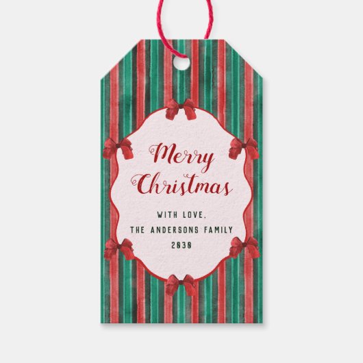 水彩 手描き 赤いリボン ストライプ クリスマス ギフトタグ (正面)