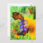 水彩(昆虫)オオカバマダラ、モナークバタフライサンフラワーガーデン ポストカード (正面/裏面)