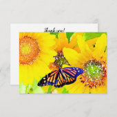 水彩（昆虫）オオカバマダラ、モナークバタフライ&サニーヒュンフラワーズ サンキューカード (正面/裏面)