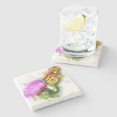 水彩(昆虫)オオカバマダラ、モナーク蝶と野花 ストーンコースター (横)