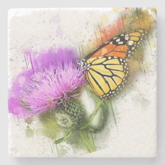 水彩(昆虫)オオカバマダラ、モナーク蝶と野花 ストーンコースター (正面)