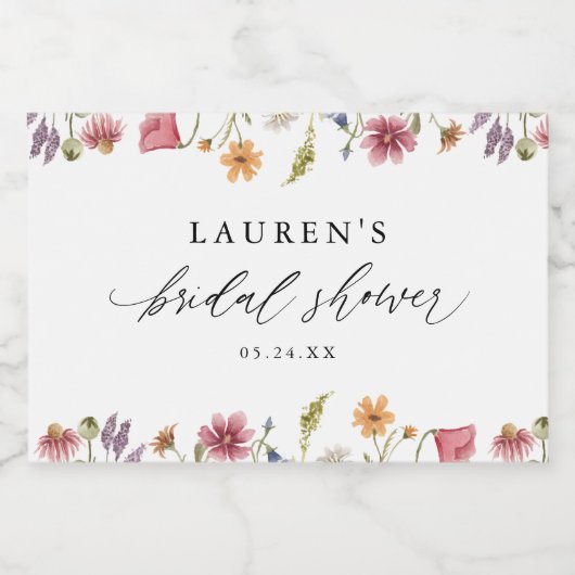 水彩 春のワイルドフラワー ブライダルシャワー ギフト スパークリングワインラベル (シングルラベル)