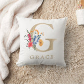 水彩 春のワイルドフラワー 偽金文字「G」 クッション (ブランケット)