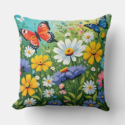 水彩 春の花の鮮やかなパターン クッション (正面)
