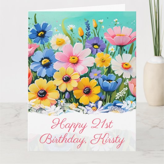水彩 春の鮮やかな花々 誕生日 カード (正面)