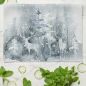 水彩，森林，鹿，雪，木造キッチン キッチンタオル (折り畳み)