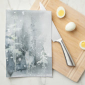 水彩，森林，鹿，雪，木造キッチン キッチンタオル (四つ折り)