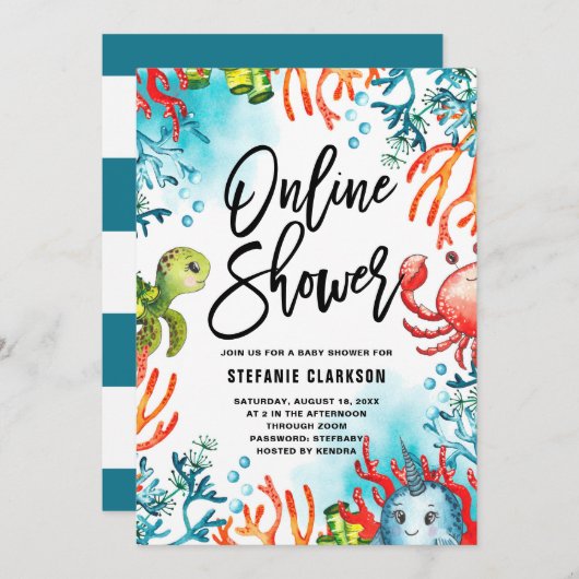 水彩 海の中のオンライン ベイビーシャワー 招待状 (正面/裏面)
