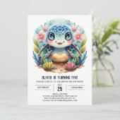 水彩 海の底の子供達のカメの男の子の誕生日 招待状 (スタンド正面)